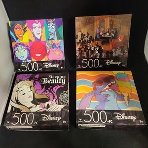 Lot of 4 Disney 500 piece puzzles - Dalmatians,Villains, Stitch, Sleeping Beauty